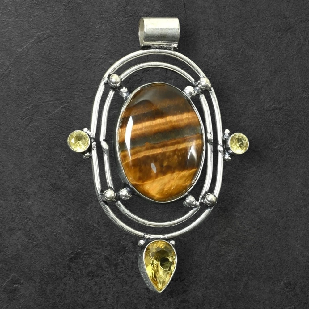 Hand Crafted Artisan Jewelry Tiger's Eye and Citrine Pendant - Brown and Yellow